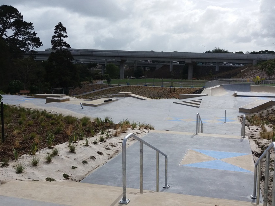 Red and blue concrete features at Aucklands newest skate parks